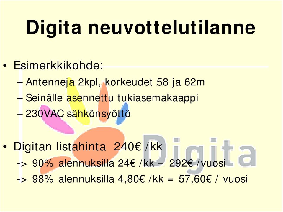 230VAC sähkönsyöttö Digitan listahinta 240 /kk -> 90%