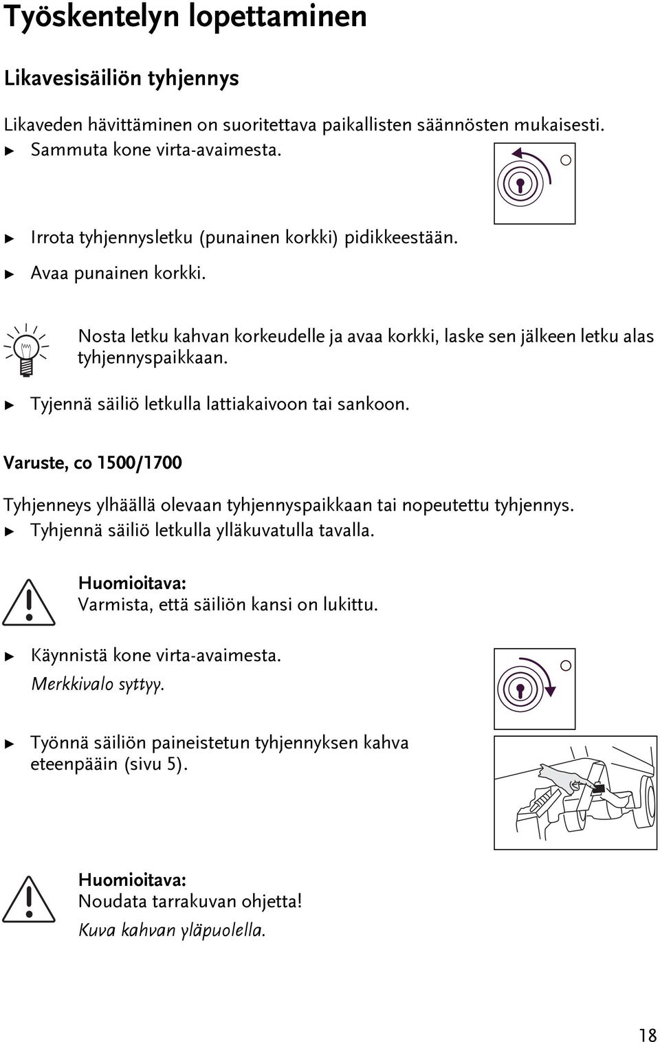 Tyjennä säiliö lekulla laiakaivoon ai sankoon. Varuse, co 1500/1700 Tyhjenneys ylhäällä olevaan yhjennyspaikkaan ai nopeueu yhjennys.