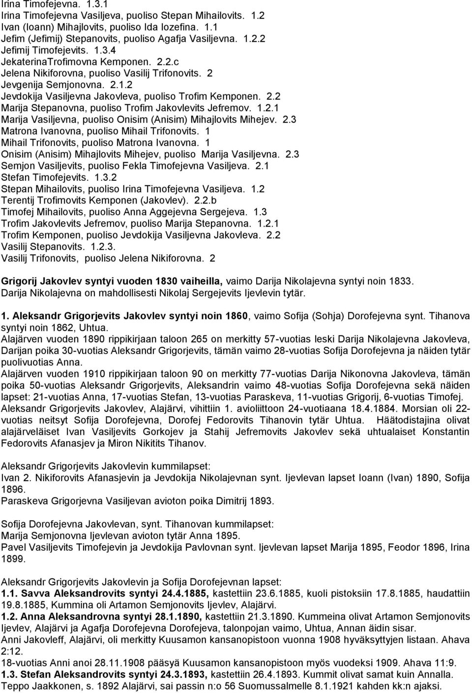 1.2.1 Marija Vasiljevna, puoliso Onisim (Anisim) Mihajlovits Mihejev. 2.3 Matrona Ivanovna, puoliso Mihail Trifonovits. 1 Mihail Trifonovits, puoliso Matrona Ivanovna.