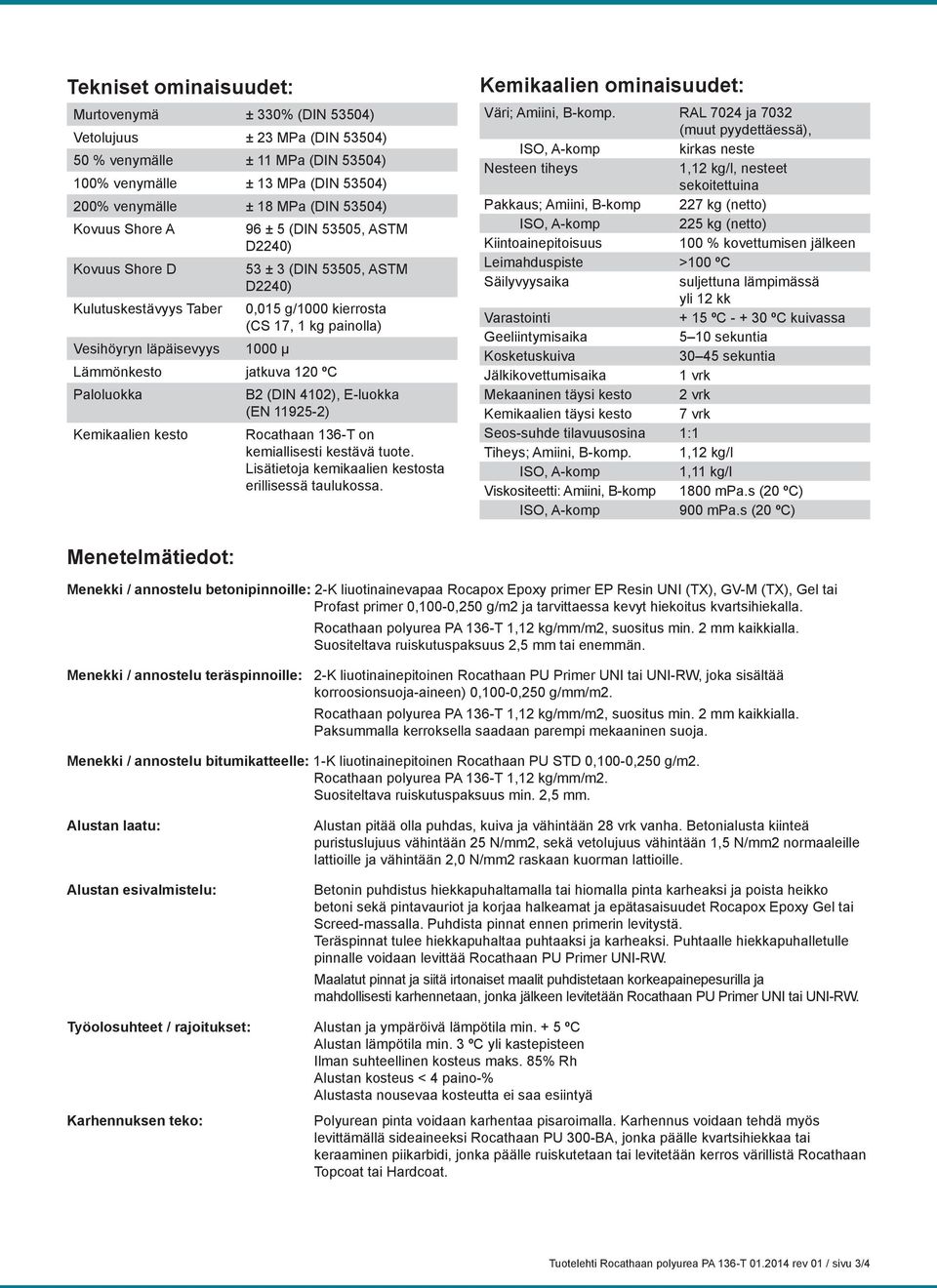 Lämmönkesto jatkuva 120 ºC Paloluokka B2 (DIN 4102), E-luokka (EN 11925-2) Kemikaalien kesto Rocathaan 136-T on kemiallisesti kestävä tuote. Lisätietoja kemikaalien kestosta erillisessä taulukossa.