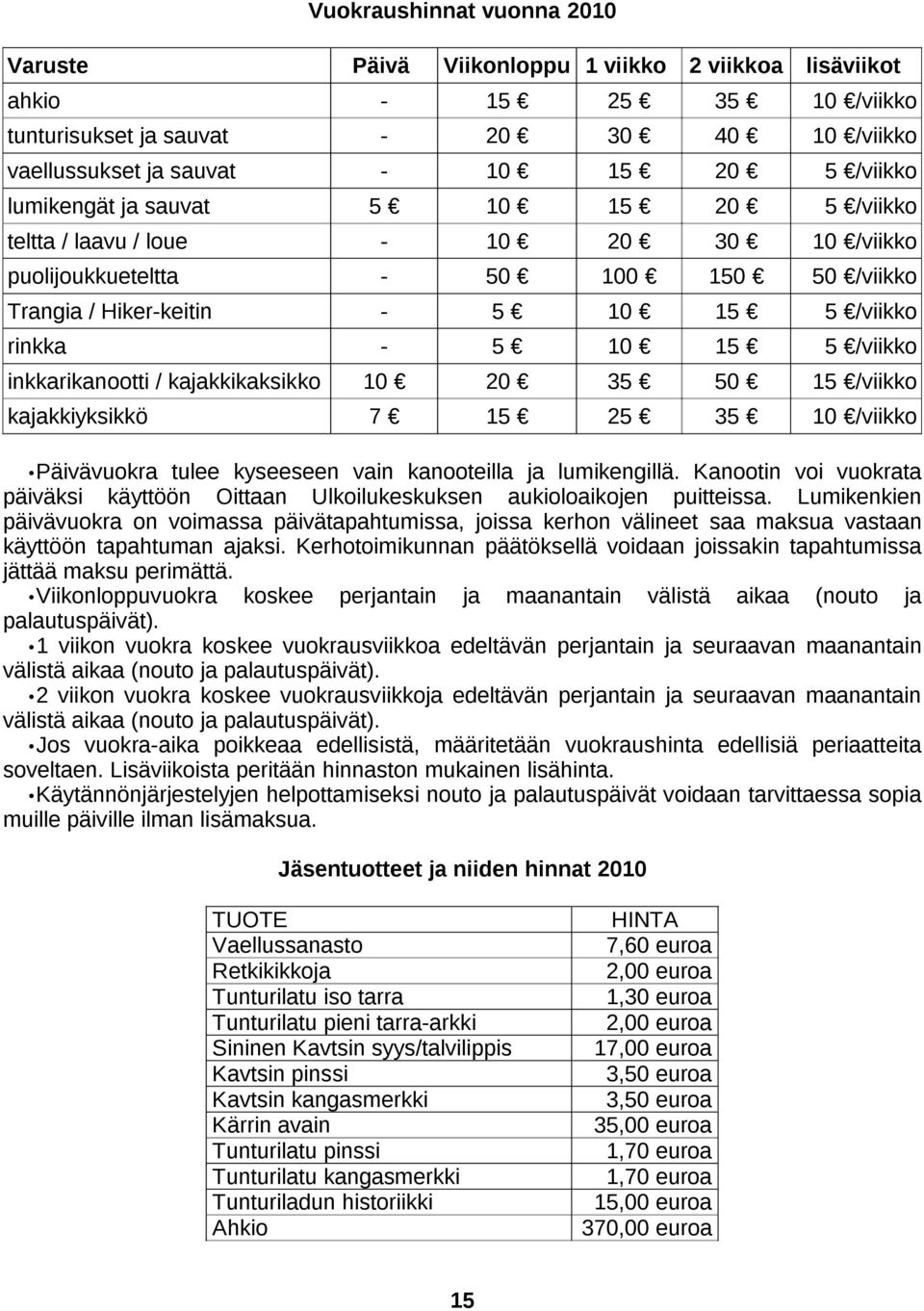 /viikko inkkarikanootti / kajakkikaksikko 10 20 35 50 15 /viikko kajakkiyksikkö 7 15 25 35 10 /viikko Päivävuokra tulee kyseeseen vain kanooteilla ja lumikengillä.