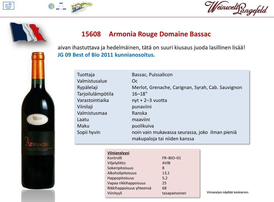 Sauvignon Tarjoilulämpötila 16 18 Varastointiaika nyt + 2 3 vuotta Viinilaji punaviini Valmistusmaa Ranska Laatu maaviini Maku puolikuiva Sopii hyvin noin vain mukavassa