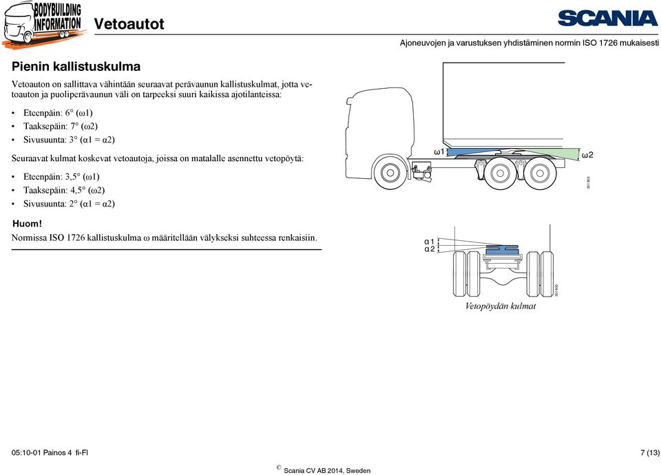 (α1 = α2) Seuraavat kulmat koskevat vetoautoja, joissa on matalalle asennettu vetopöytä: Eteenpäin: 3,5 (ω1) Taaksepäin: 4,5 (ω2) Sivusuunta: 2 (α1 = α2)