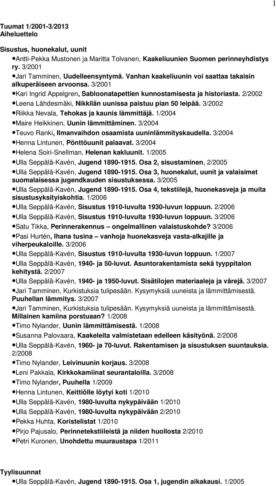 2/2002 Leena Lähdesmäki, Nikkilän uunissa paistuu pian 50 leipää. 3/2002 Riikka Nevala, Tehokas ja kaunis lämmittäjä. 1/2004 Maire Heikkinen, Uunin lämmittäminen.