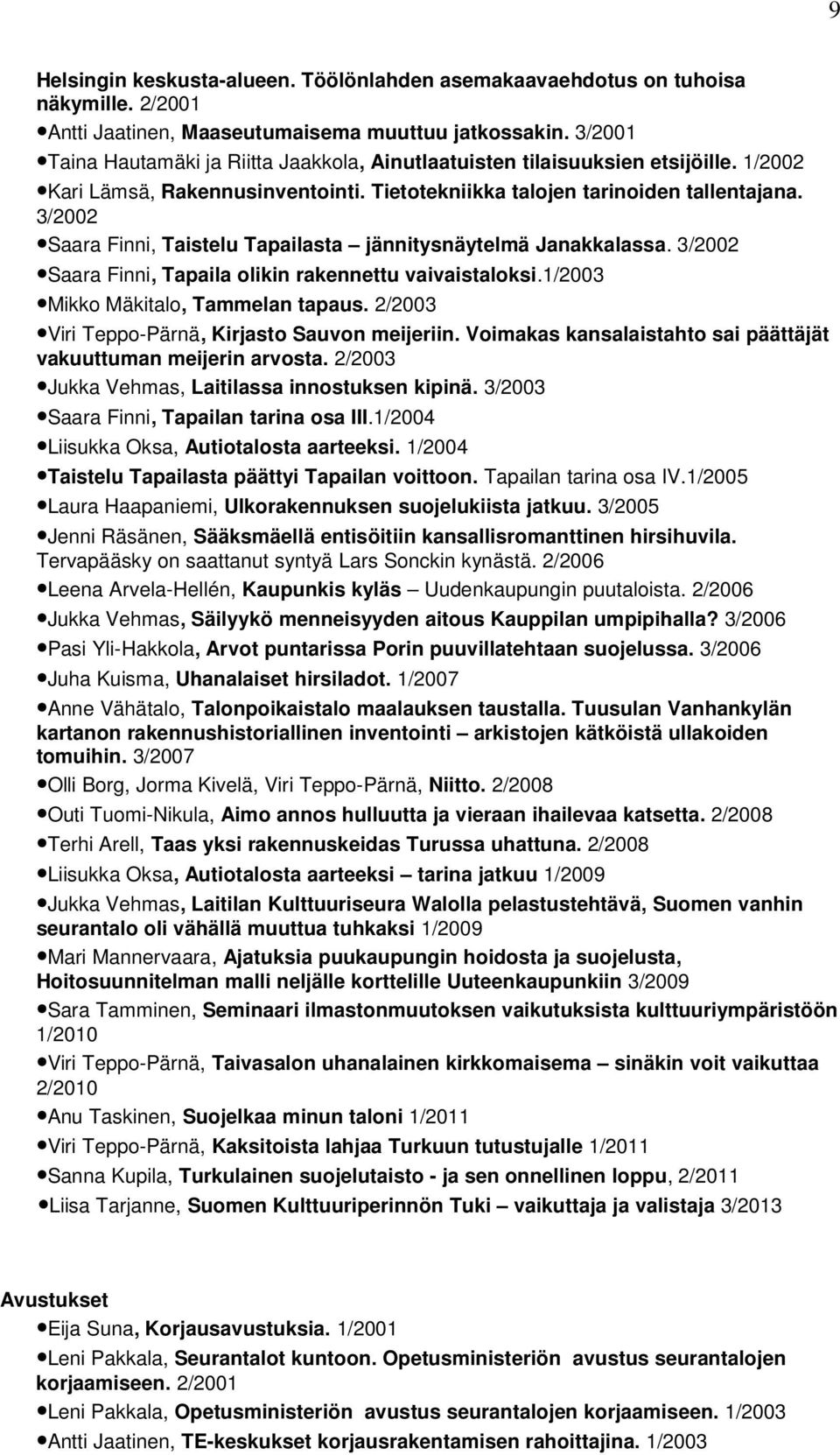 3/2002 Saara Finni, Taistelu Tapailasta jännitysnäytelmä Janakkalassa. 3/2002 Saara Finni, Tapaila olikin rakennettu vaivaistaloksi.1/2003 Mikko Mäkitalo, Tammelan tapaus.