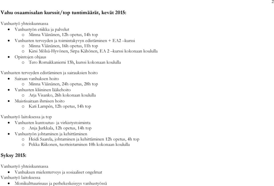 terveyden edistäminen ja sairauksien hoito Sairaan vanhuksen hoito o Minna Väänänen, 24h opetus, 28h top Vanhusten kliininen lääkehoito o Arja Visanko, 26h kokonaan koululla Muistisairaan ihmisen