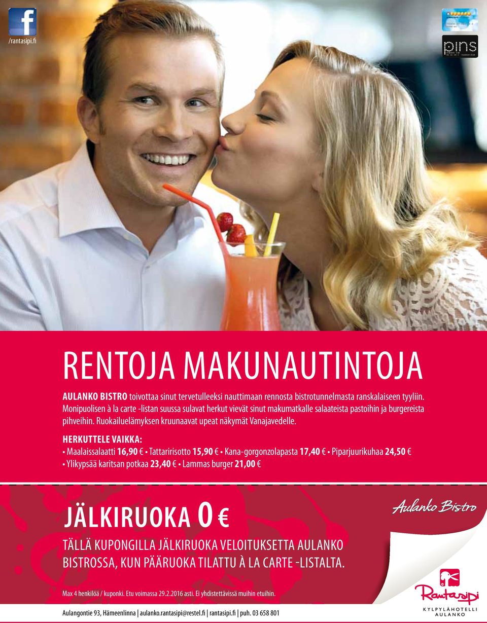 HERKUTTELE VAIKKA: Maalaissalaatti 16,90 Tattaririsotto 15,90 Kana-gorgonzolapasta 17,40 Piparjuurikuhaa 24,50 Ylikypsää karitsan potkaa 23,40 Lammas burger 21,00 JÄLKIRUOKA 0 TÄLLÄ KUPONGILLA