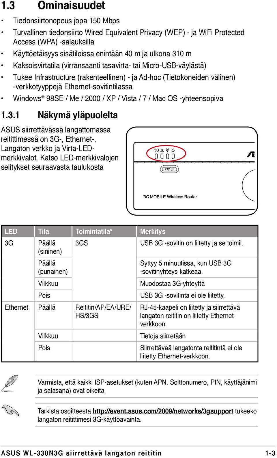 Windows 98SE / Me / 2000 / XP / Vista / 7 / Mac OS -yhteensopiva 1.3.1 Näkymä yläpuolelta ASUS siirrettävässä langattomassa reitittimessä on 3G-, Ethernet-, Langaton verkko ja Virta-LEDmerkkivalot.