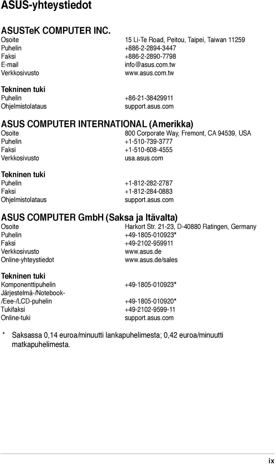 asus.com Tekninen tuki Puhelin +1-812-282-2787 Faksi +1-812-284-0883 Ohjelmistolataus support.asus.com ASUS COMPUTER GmbH (Saksa ja Itävalta) Osoite Harkort Str.