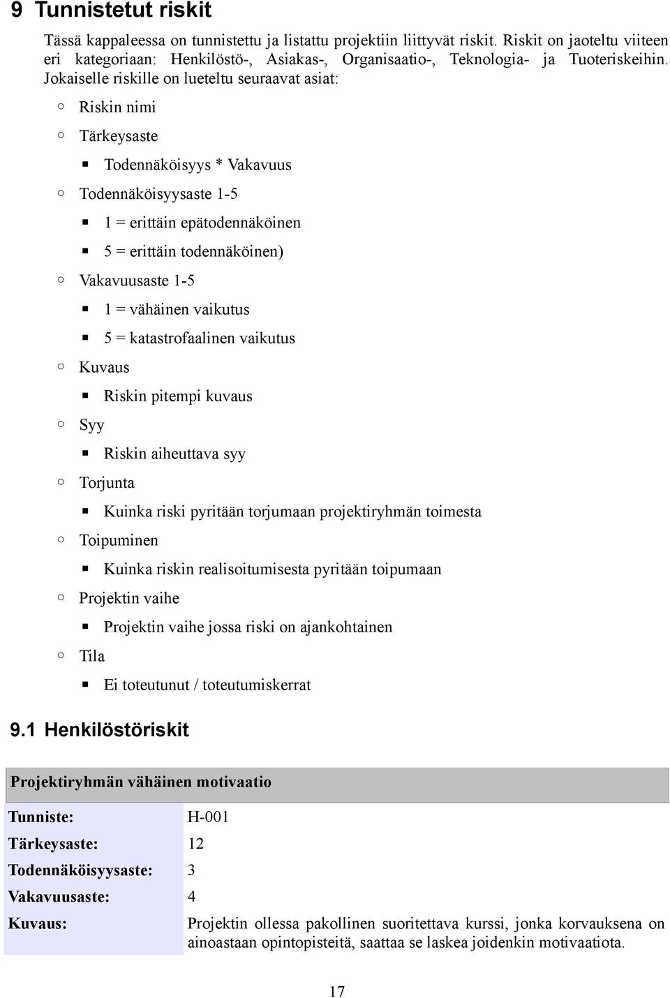 Jokaiselle riskille on lueteltu seuraavat asiat: Riskin nimi Tärkeysaste Todennäköisyys * Vakavuus Todennäköisyysaste 1-5 1 = erittäin epätodennäköinen 5 = erittäin todennäköinen) Vakavuusaste 1-5