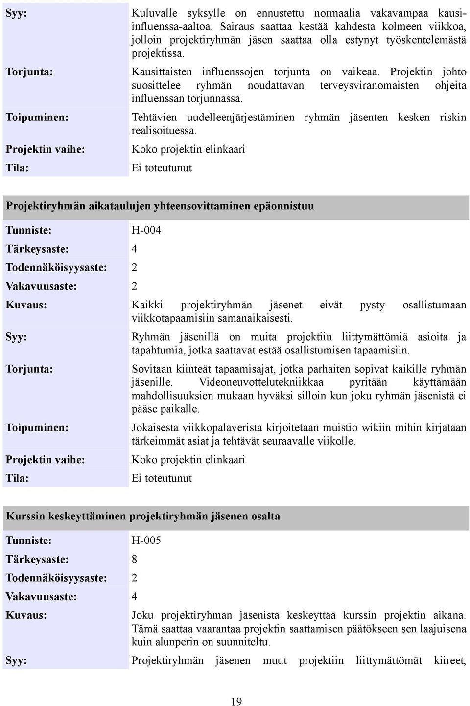 Projektin johto suosittelee ryhmän noudattavan terveysviranomaisten ohjeita influenssan torjunnassa. Tehtävien uudelleenjärjestäminen ryhmän jäsenten kesken riskin realisoituessa.