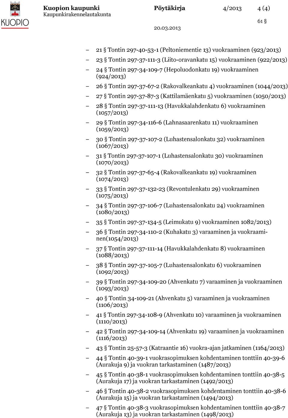 297-37-111-13 (Havukkalahdenkatu 6) vuokraaminen (1057/2013) 29 Tontin 297-34-116-6 (Lahnasaarenkatu 11) vuokraaminen (1059/2013) 30 Tontin 297-37-107-2 (Luhastensalonkatu 32) vuokraaminen