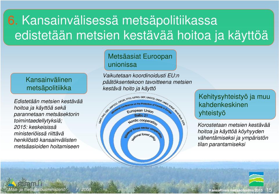 kansainvälisten metsäasioiden hoitamiseen Vaikutetaan koordinoidusti EU:n päätöksentekoon tavoitteena metsien kestävä hoito ja käyttö Kehitysyhteistyö ja