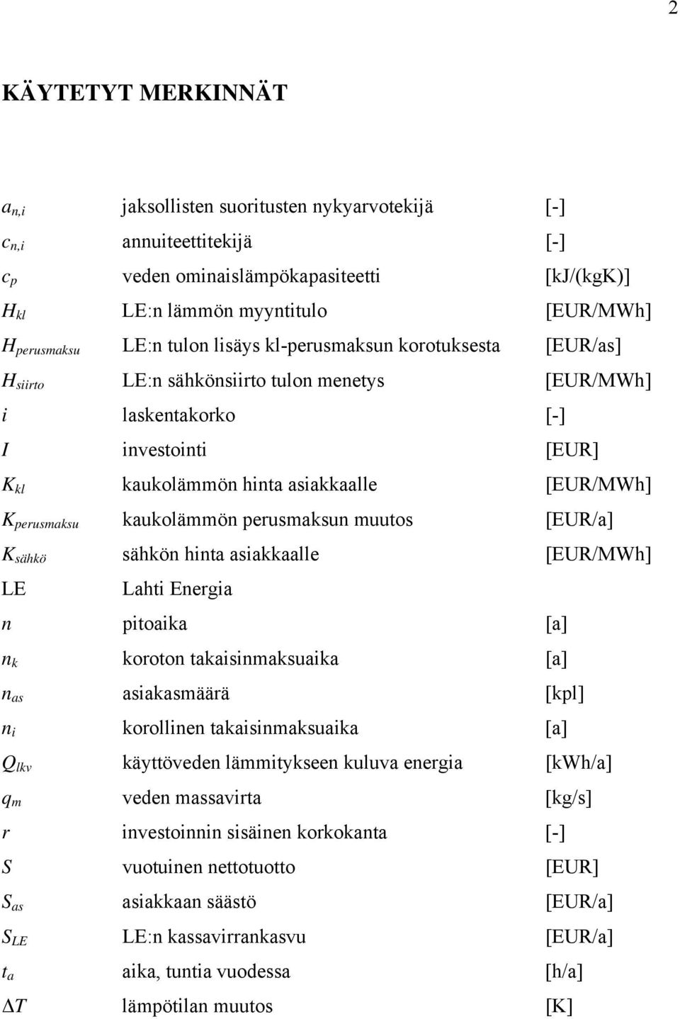 perusmaksu kaukolämmön perusmaksun muutos [EUR/a] K sähkö sähkön hinta asiakkaalle [EUR/MWh] LE Lahti Energia n pitoaika [a] n k koroton takaisinmaksuaika [a] n as asiakasmäärä [kpl] n i korollinen