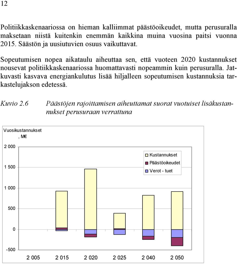 Sopeutumisen nopea aikataulu aiheuttaa sen, että vuoteen 2020 kustannukset nousevat politiikkaskenaariossa huomattavasti nopeammin kuin perusuralla.