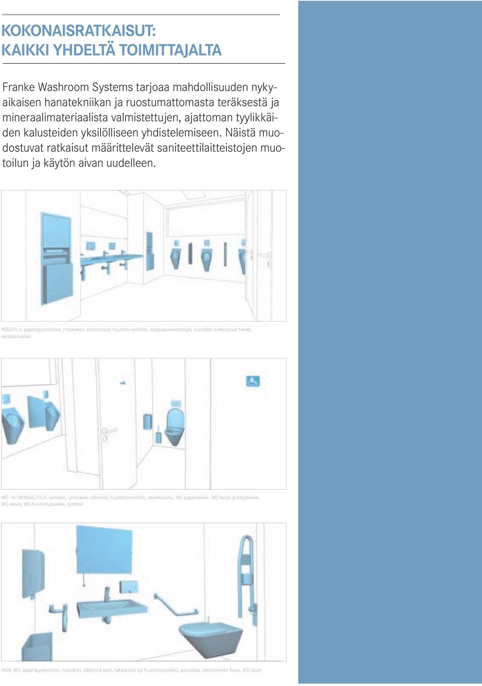 PESUTILA: paperipyyheteline /roskakori, elektroniset huuhteluventtiilit, saippua-annostelijat, itsestään sulkeutuvat hanat, sarjapesuallas WC- JA URINAALITILA: urinaalit, urinaalien väliseinä,