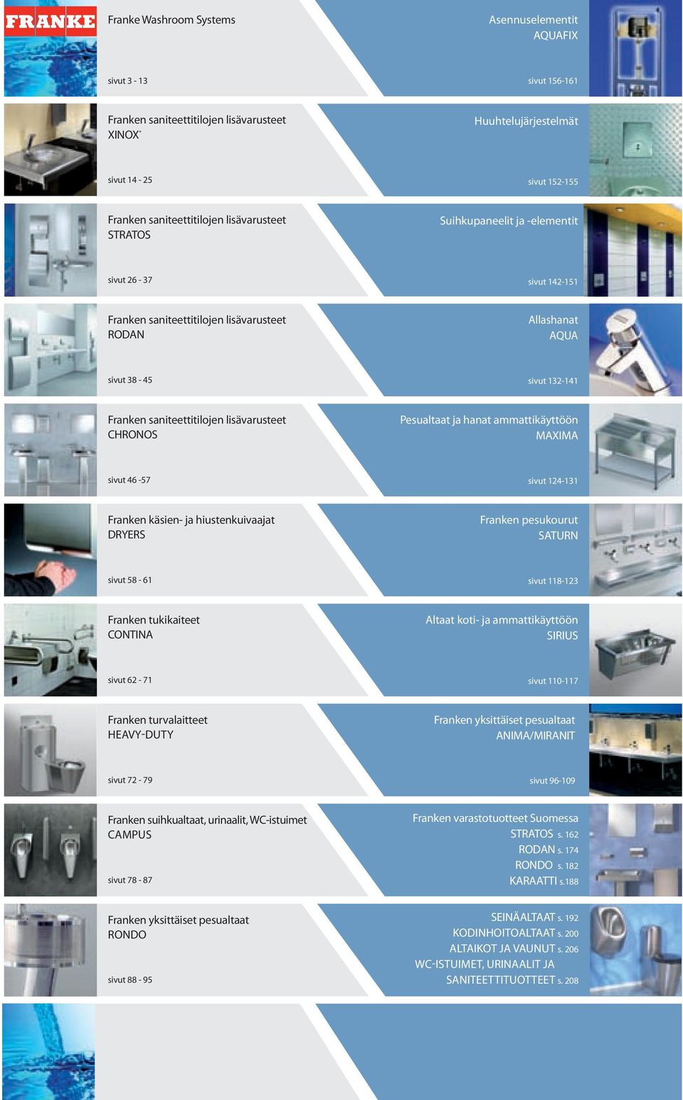 lisävarusteet CHRONOS Pesualtaat ja hanat ammattikäyttöön MAXIMA sivut 46-57 sivut 124-131 Franken käsien- ja hiustenkuivaajat DRYERS Franken pesukourut SATURN sivut 58-61 sivut 118-123 Franken