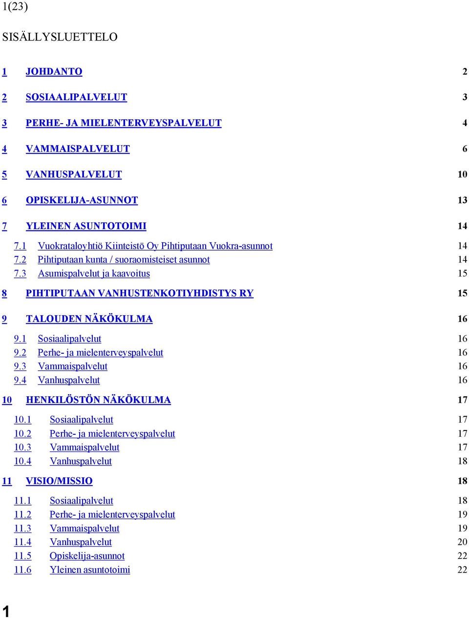 3 Asumispalvelut ja kaavoitus 15 8 PIHTIPUTAAN VANHUSTENKOTIYHDISTYS RY 15 9 TALOUDEN NÄKÖKULMA 16 9.1 Sosiaalipalvelut 16 9.2 Perhe- ja mielenterveyspalvelut 16 9.3 Vammaispalvelut 16 9.