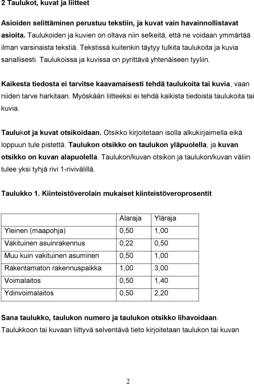 Taulukoissa ja kuvissa on pyrittävä yhtenäiseen tyyliin. Kaikesta tiedosta ei tarvitse kaavamaisesti tehdä taulukoita tai kuvia, vaan niiden tarve harkitaan.