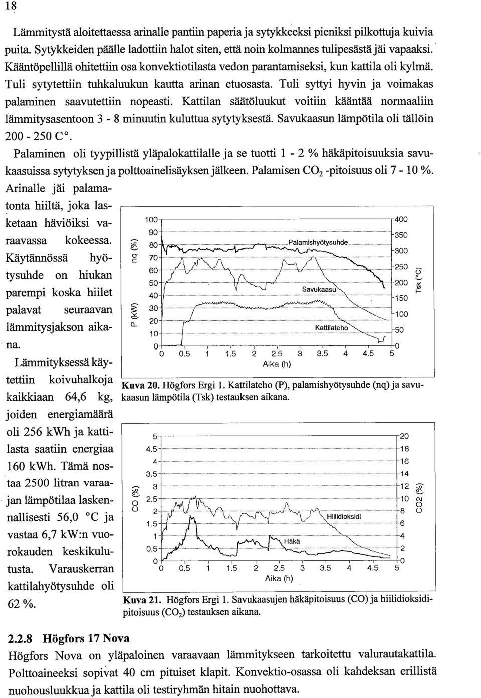 Tuli syttyi hyvin ja voimakas palaminen saavutettiin nopeasti. Kattilan säätöluukut voitiin kääntää normaaliin lämmitysasentoon 3-8 minuutin kuluttua sytytyksestä.