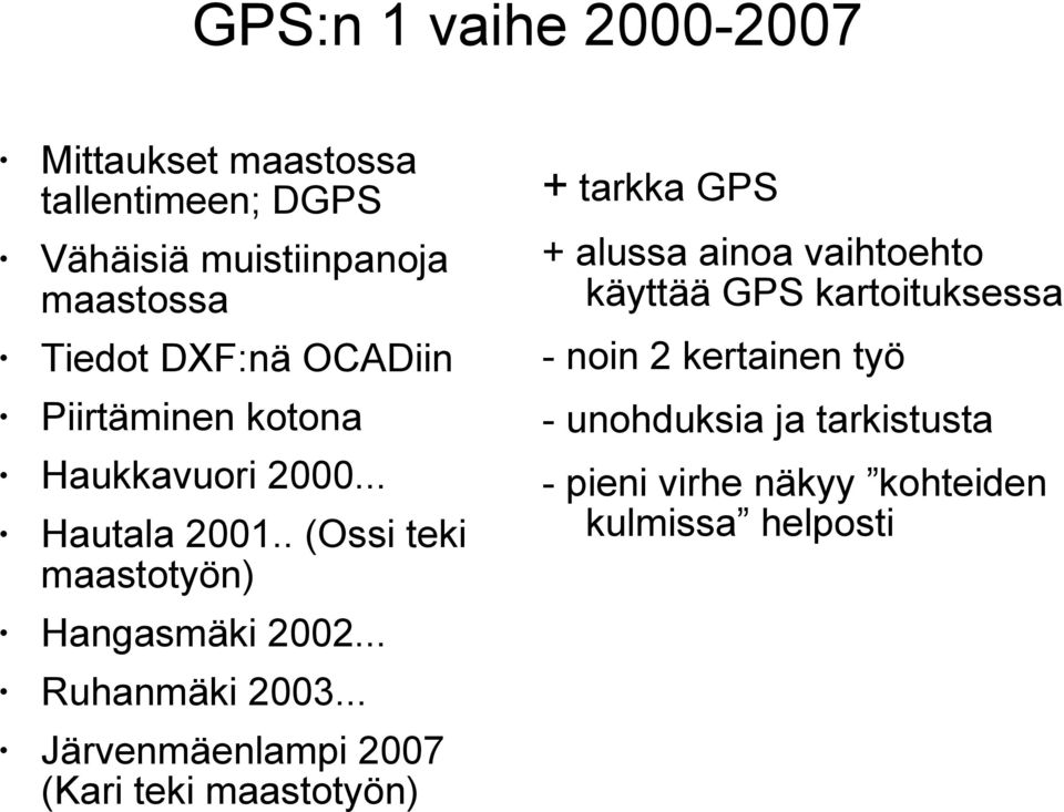 .. + tarkka GPS + alussa ainoa vaihtoehto käyttää GPS kartoituksessa - noin 2 kertainen työ - unohduksia ja