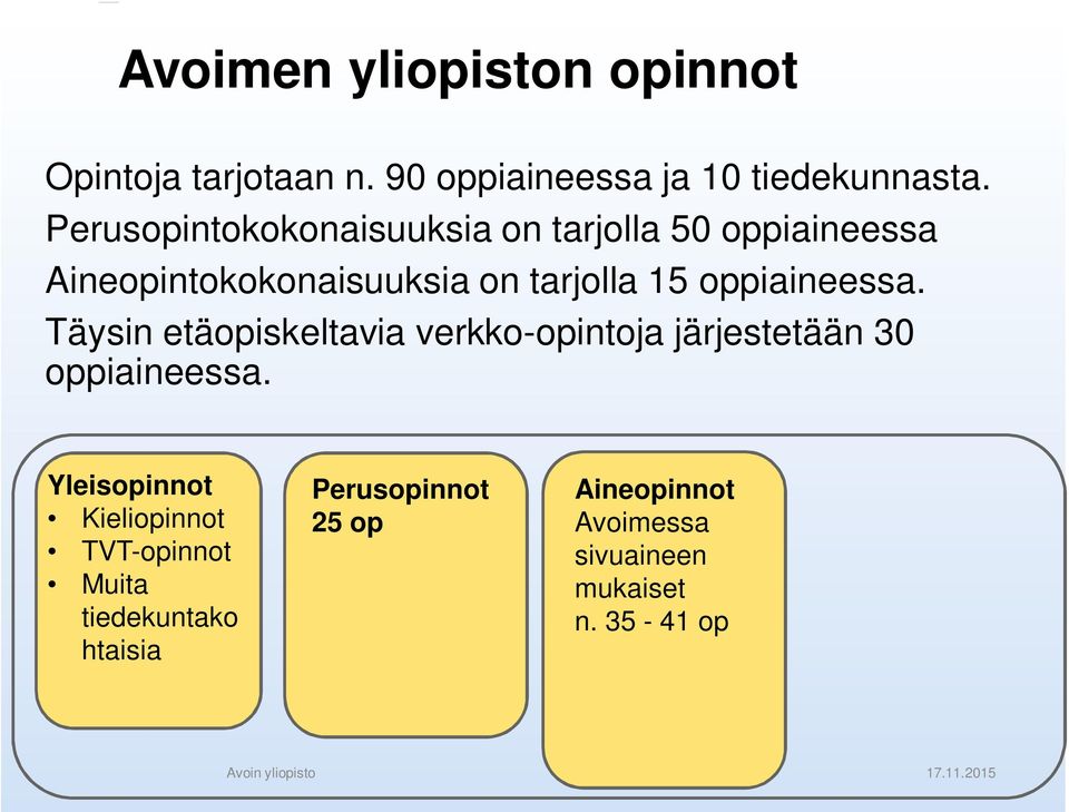 oppiaineessa. Täysin etäopiskeltavia verkko-opintoja järjestetään 30 oppiaineessa.