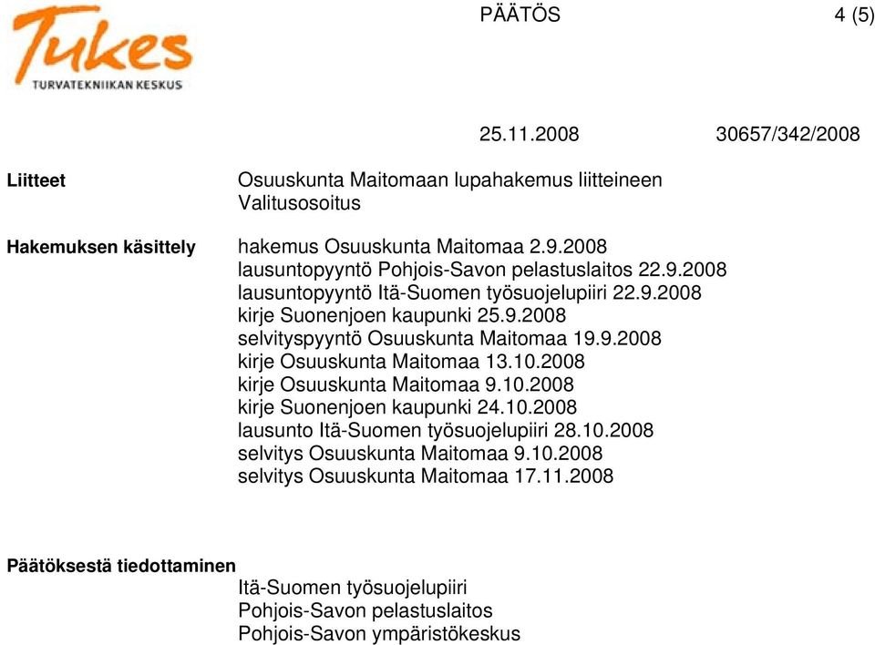 9.2008 kirje Osuuskunta Maitomaa 13.10.2008 kirje Osuuskunta Maitomaa 9.10.2008 kirje Suonenjoen kaupunki 24.10.2008 lausunto Itä-Suomen työsuojelupiiri 28.10.2008 selvitys Osuuskunta Maitomaa 9.