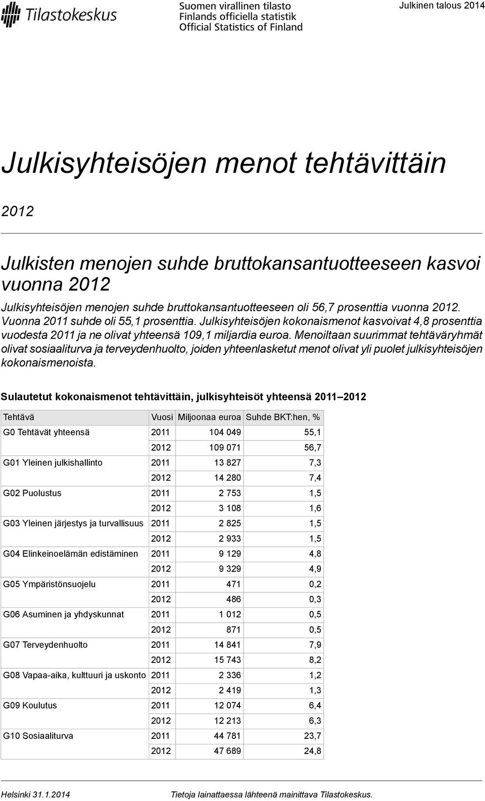 Menoiltaan suurimmat tehtäväryhmät olivat sosiaaliturva ja terveydenhuolto, joiden yhteenlasketut menot olivat yli puolet julkisyhteisöjen kokonaismenoista.