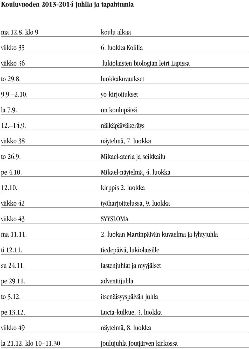 luokka viikko 42 viikko 43 ma 11.11. ti 12.11. su 24.11. pe 29.11. to 5.12. pe 13.12. viikko 49 la 21.12. klo 10 11.30 työharjoittelussa, 9. luokka SYYSLOMA 2.