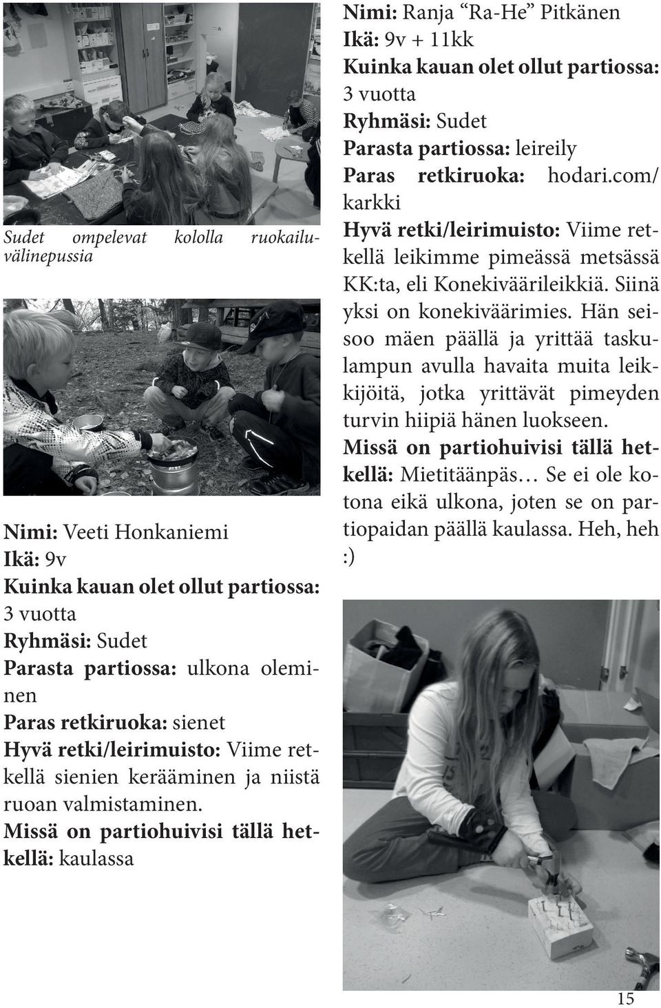 Missä on partiohuivisi tällä hetkellä: kaulassa Nimi: Ranja Ra-He Pitkänen Ikä: 9v + 11kk Kuinka kauan olet ollut partiossa: 3 vuotta Ryhmäsi: Sudet Parasta partiossa: leireily Paras retkiruoka: