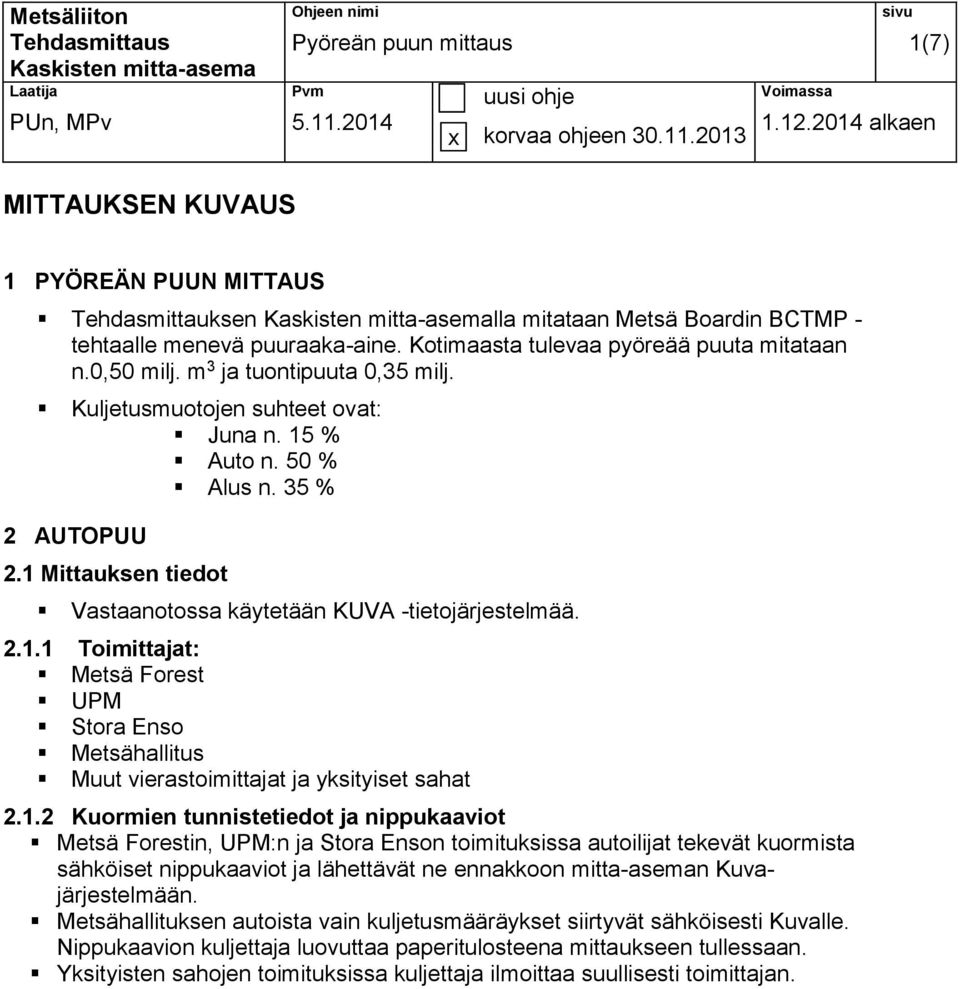 m 3 ja tuontipuuta 0,35 milj. Kuljetusmuotojen suhteet ovat: Juna n. 15 % Auto n. 50 % Alus n. 35 % 2 AUTOPUU 2.1 Mittauksen tiedot Vastaanotossa käytetään KUVA -tietojärjestelmää. 2.1.1 Toimittajat: Metsä Forest UPM Stora Enso Metsähallitus Muut vierastoimittajat ja yksityiset sahat 2.