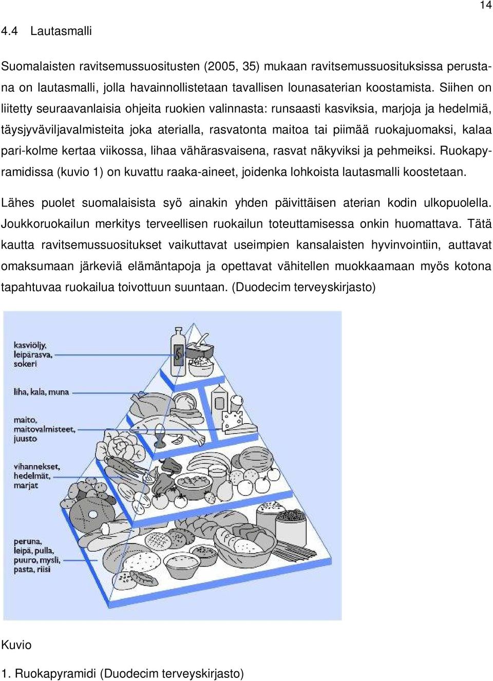 pari-kolme kertaa viikossa, lihaa vähärasvaisena, rasvat näkyviksi ja pehmeiksi. Ruokapyramidissa (kuvio 1) on kuvattu raaka-aineet, joidenka lohkoista lautasmalli koostetaan.