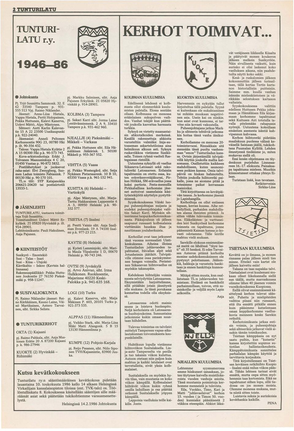 Jäsenasiat: Anneli Peltonen Karhusuontie 9G 23, 78 Hki p. ilt. 9-356 432. Talous: Vappu Hietala Kylätie 2 A 15 3 Hki p.k. 9-573 745. Kuva-arkistonhoitaja Erkki J.