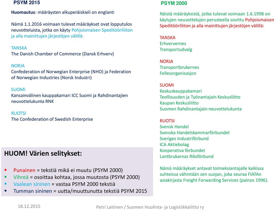 Erhverv) NORJA Confederation of Norwegian Enterprise (NHO) ja Federation of Norwegian Industries (Norsk Industri) SUOMI Kansainvälinen kauppakamari ICC Suomi ja Rahdinantajien neuvottelukunta RNK