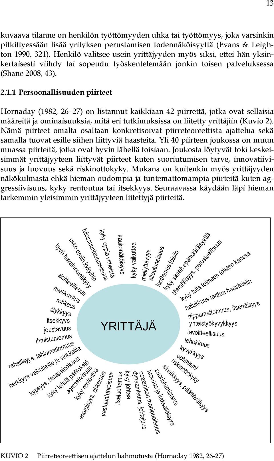 1 Persoonallisuuden piirteet Hornaday (1982, 26 27) on listannut kaikkiaan 42 piirrettä, jotka ovat sellaisia määreitä ja ominaisuuksia, mitä eri tutkimuksissa on liitetty yrittäjiin (Kuvio 2).