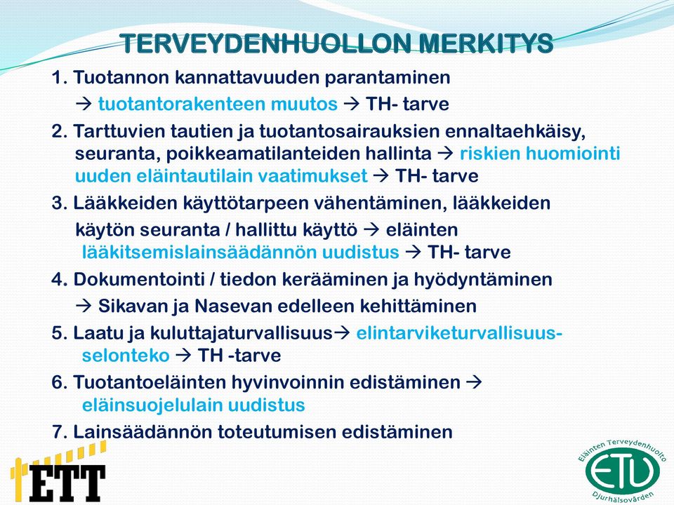 Lääkkeiden käyttötarpeen vähentäminen, lääkkeiden käytön seuranta / hallittu käyttö eläinten lääkitsemislainsäädännön uudistus TH- tarve 4.