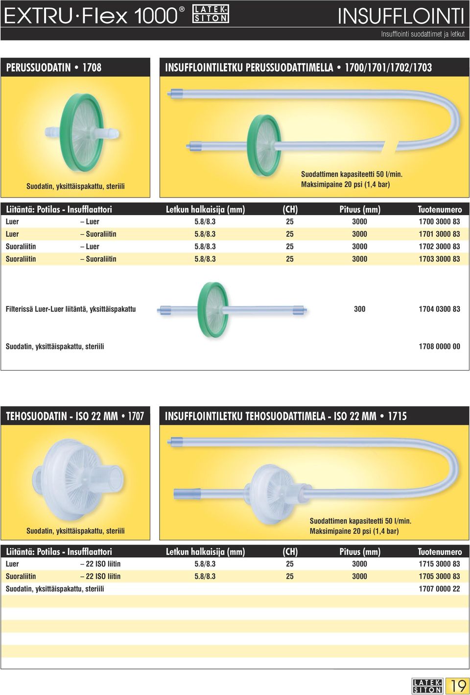 8/8.3 25 3000 1701 3000 83 Suoraliitin Luer 5.8/8.3 25 3000 1702 3000 83 Suoraliitin Suoraliitin 5.8/8.3 25 3000 1703 3000 83 Filterissä Luer-Luer liitäntä, yksittäispakattu 300 1704 0300 83