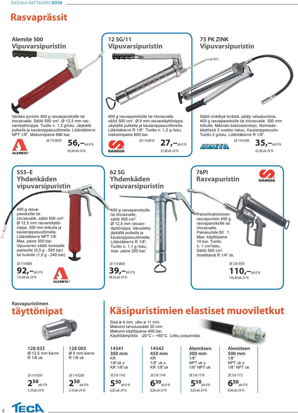 Ø 9 mm rasvantäyttönippa. Jäykällä putkella ja kaulanippasuuttimella. Liitäntäkierre R 1/8. Tuotto n. 1,2 g /isku, maksimipaine 600 bar.