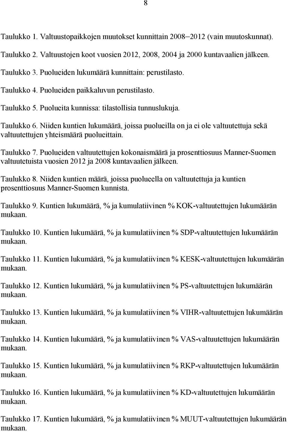 Niiden kuntien lukumäärä, joissa puolueilla on ja ei ole valtuutettuja sekä valtuutettujen yhteismäärä puolueittain. Taulukko 7.