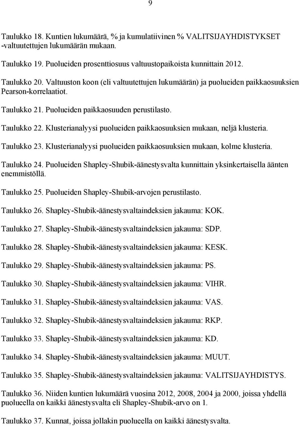 Klusterianalyysi puolueiden paikkaosuuksien mukaan, neljä klusteria. Taulukko 23. Klusterianalyysi puolueiden paikkaosuuksien mukaan, kolme klusteria. Taulukko 24.