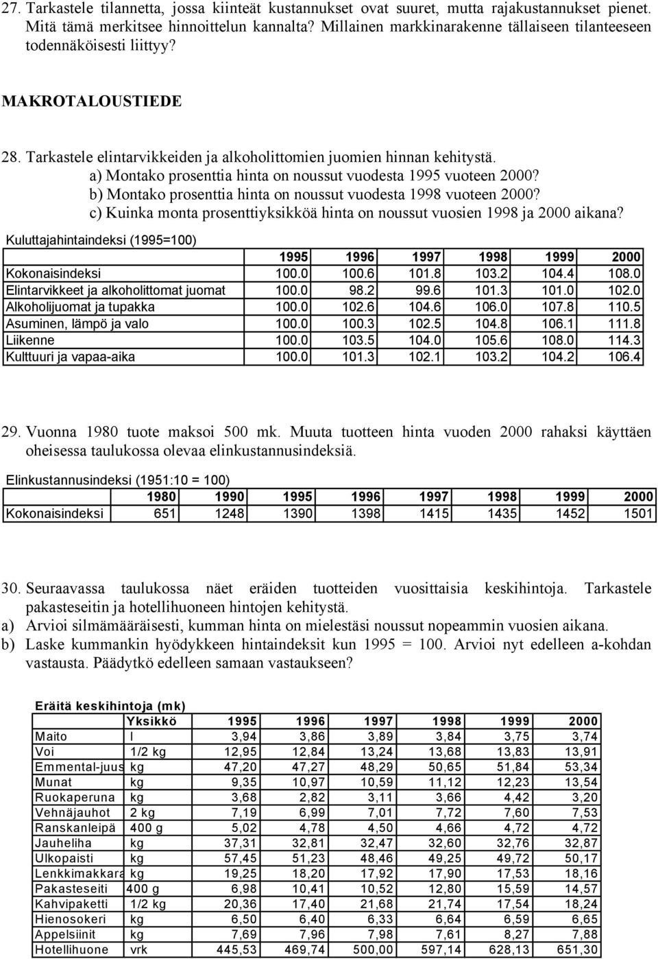 a) Montako prosenttia hinta on noussut vuodesta 1995 vuoteen 2000? b) Montako prosenttia hinta on noussut vuodesta 1998 vuoteen 2000?