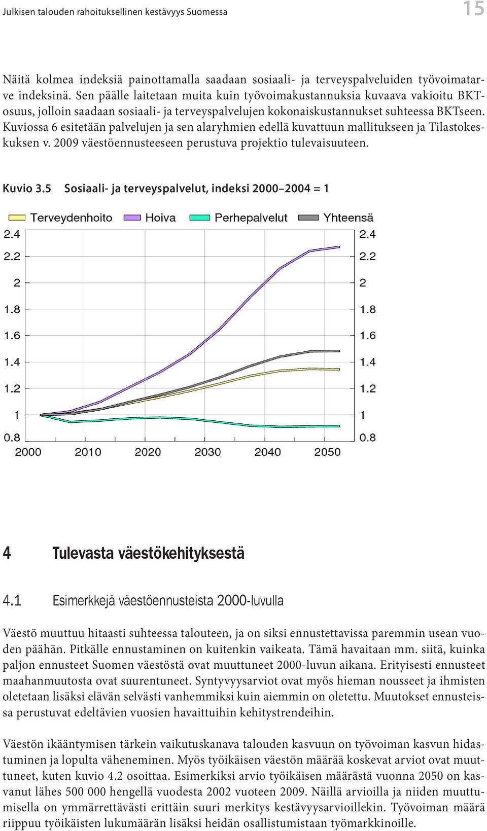 Kuviossa 6 esitetään palvelujen ja sen alaryhmien edellä kuvattuun mallitukseen ja Tilastokeskuksen v. 2009 väestöennusteeseen perustuva projektio tulevaisuuteen. Kuvio 3.