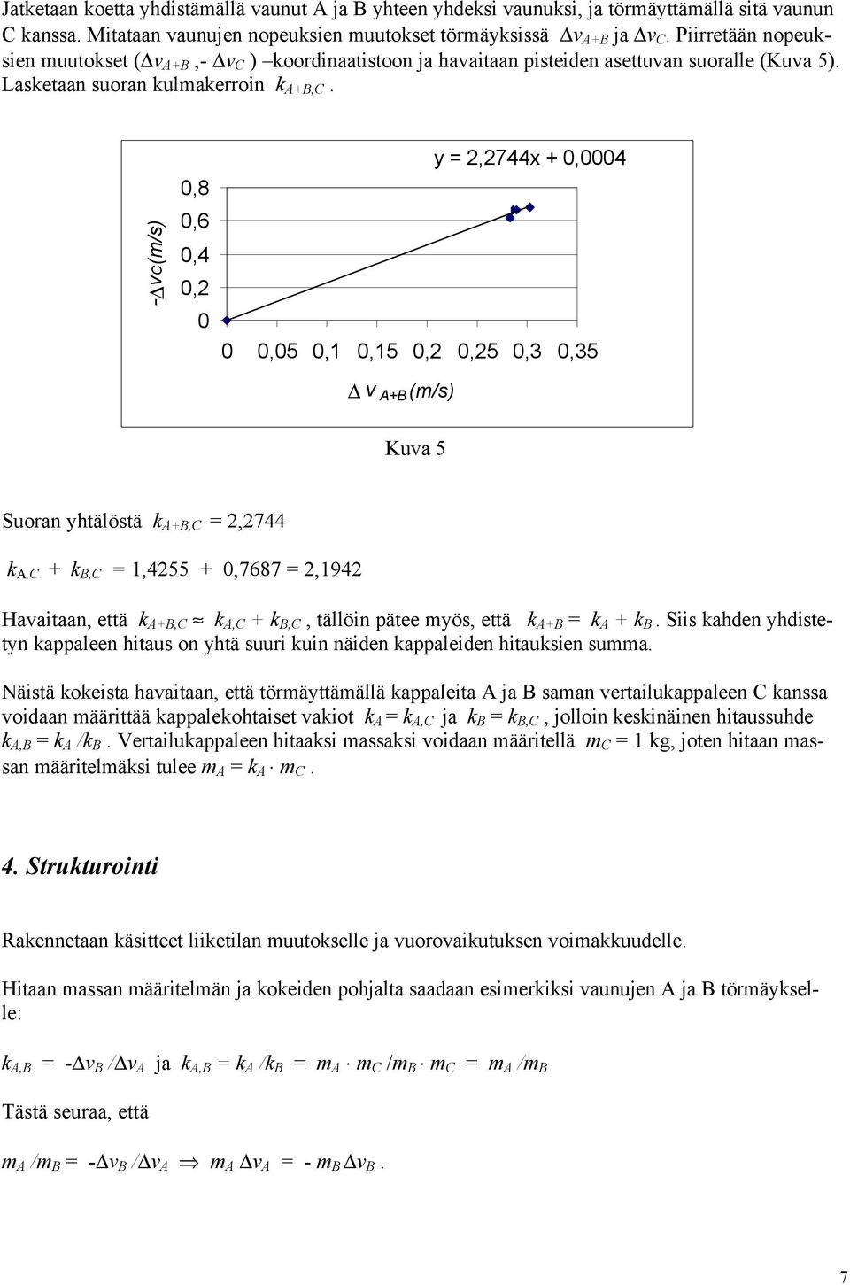 - vc(m/s) 0,8 0,6 0,4 0,2 0 y = 2,2744x + 0,0004 0 0,05 0,1 0,15 0,2 0,25 0,3 0,35 v A+B (m/s) Kuva 5 Suoran yhtälöstä k A+B,C = 2,2744 k A,C + k B,C = 1,4255 + 0,7687 = 2,1942 Havaitaan, että k