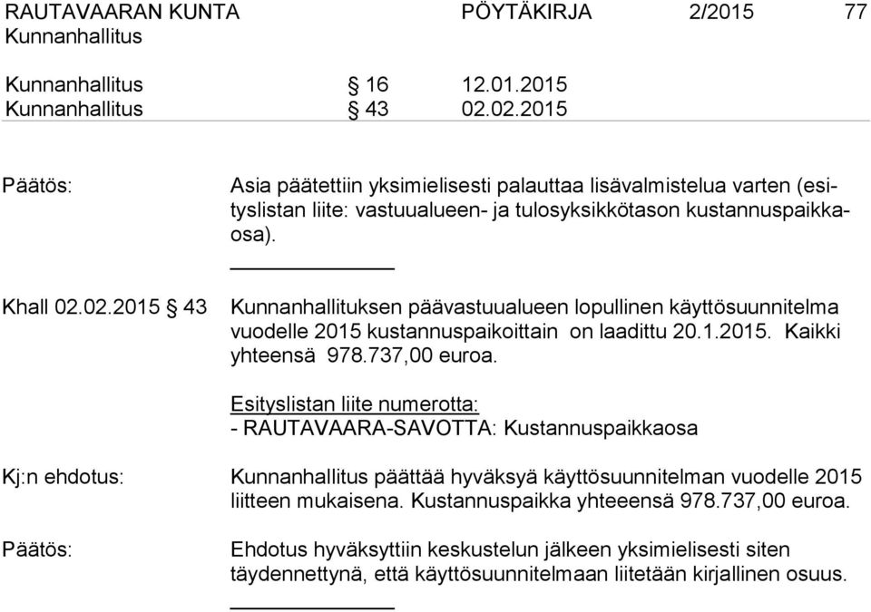 Kunnanhallituksen päävastuualueen lopullinen käyttösuunnitelma vuodelle 2015 kustannuspaikoittain on laadittu 20.1.2015. Kaikki yhteensä 978.737,00 euroa.