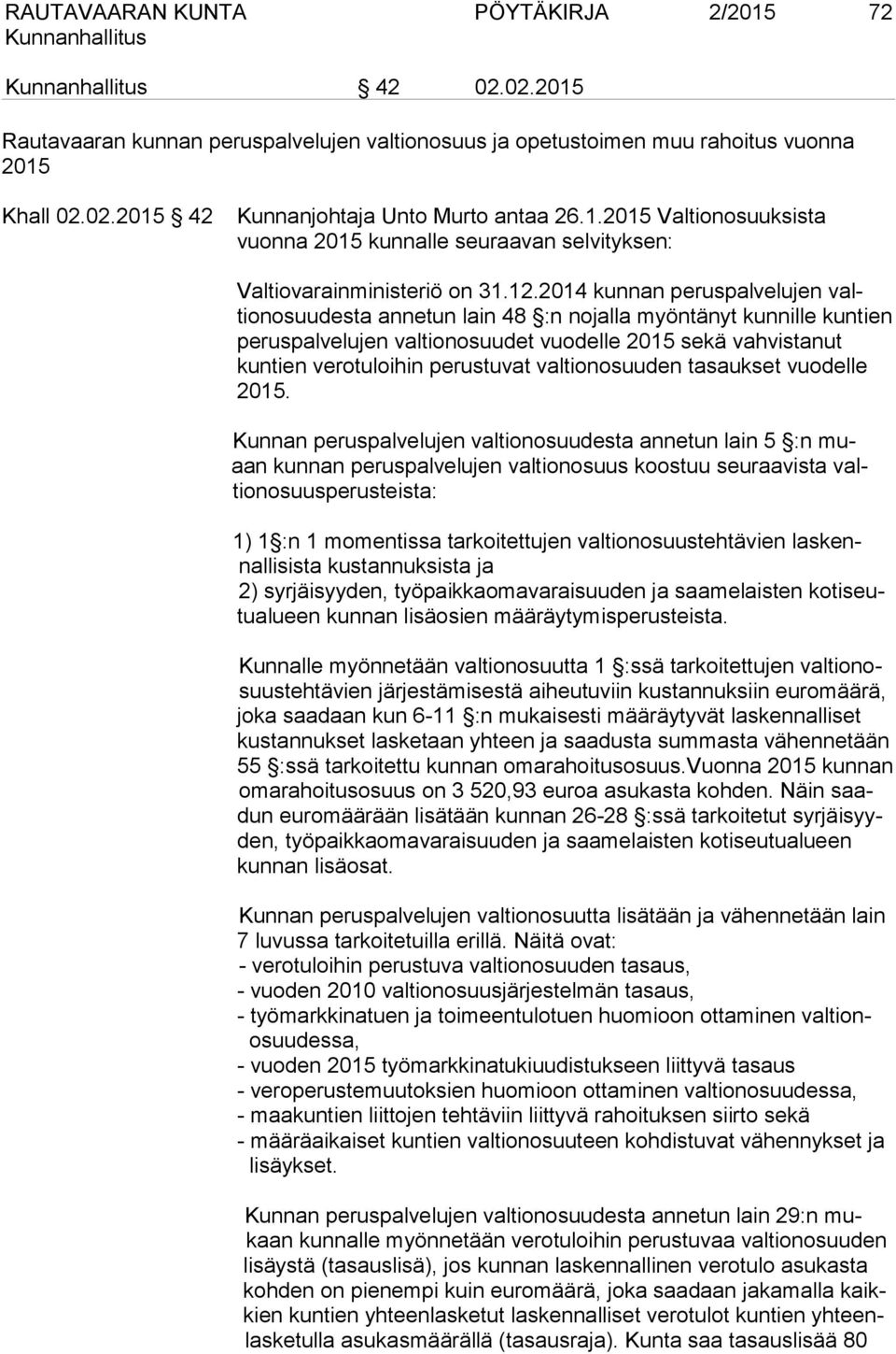 valtionosuuden tasaukset vuodelle 2015.