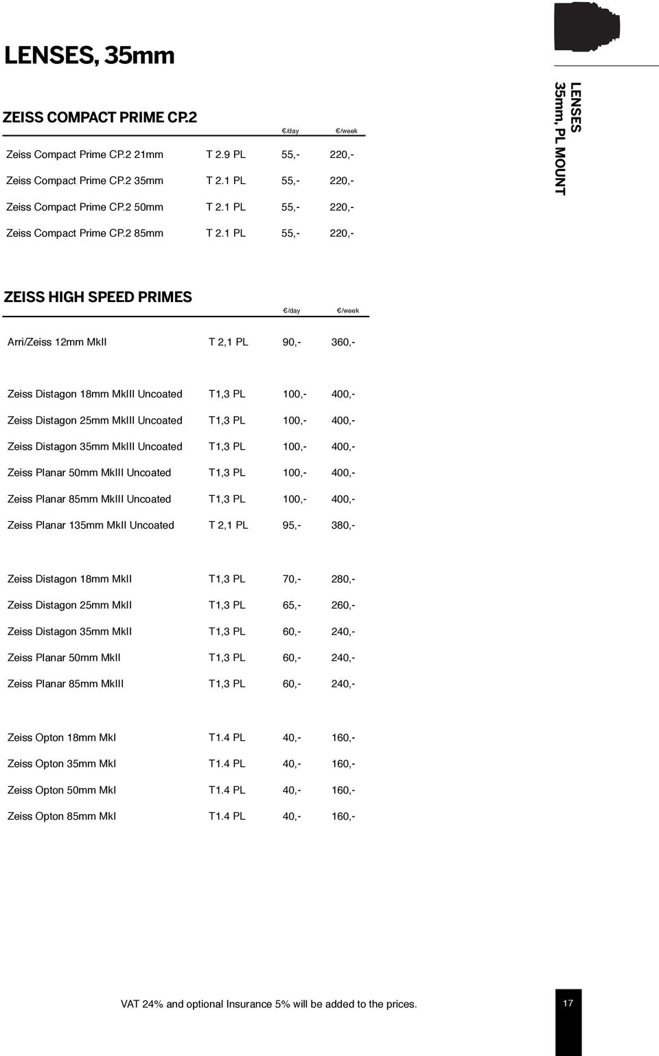 1 PL 55,- 2 ZEISS HIGH SPEED PRIMES Arri/Zeiss 12mm MkII T 2,1 PL 90,- 3 Zeiss Distagon 18mm MkIII Uncoated T1,3 PL 400,- Zeiss Distagon 25mm MkIII Uncoated T1,3 PL 400,- Zeiss Distagon 35mm MkIII