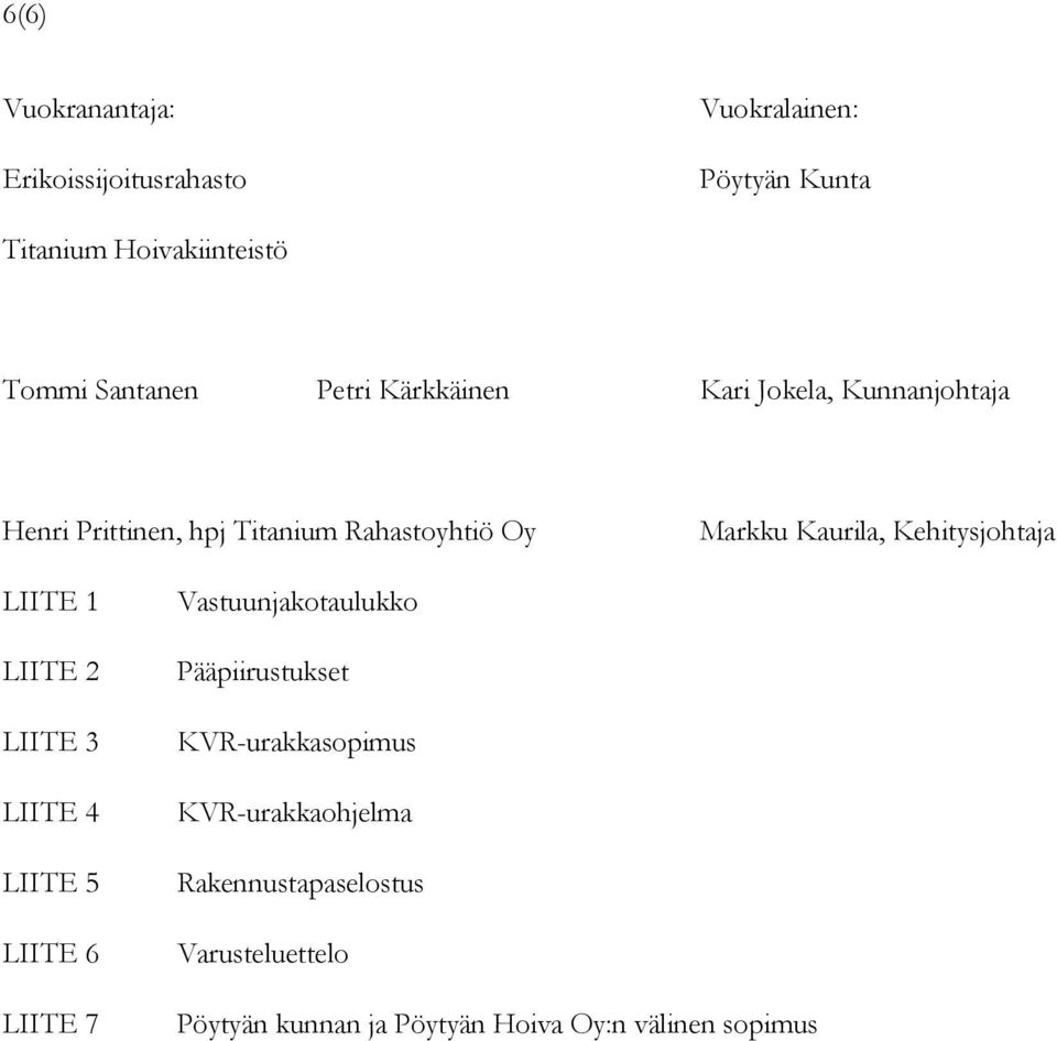 Kehitysjohtaja LIITE 1 LIITE 2 LIITE 3 LIITE 4 LIITE 5 LIITE 6 LIITE 7 Vastuunjakotaulukko Pääpiirustukset