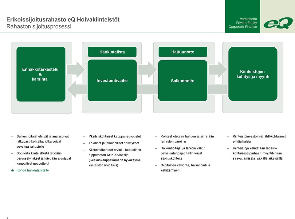 Tekniset ja taloudelliset selvitykset Kiinteistökohteet arvioi ulkopuolinen riippumaton KHK-arvioitsija (Keskuskauppakamarin hyväksymä kiinteistönarvioitsija) Kohteet otetaan haltuun ja siirretään