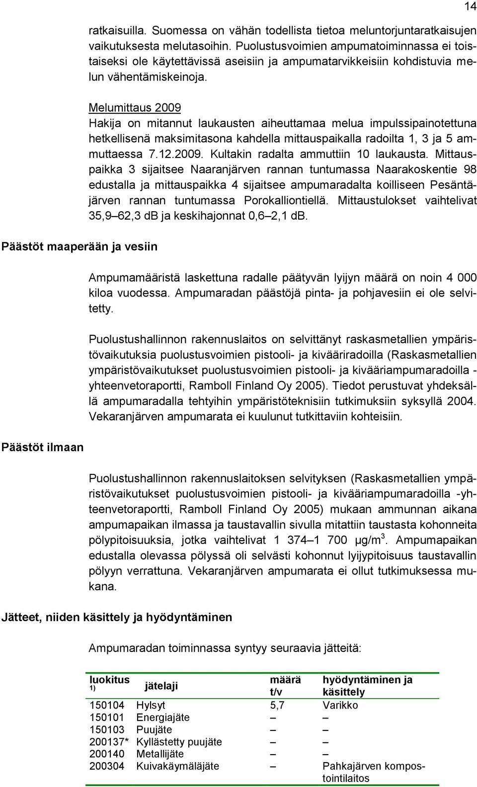 Melumittaus 2009 Hakija on mitannut laukausten aiheuttamaa melua impulssipainotettuna hetkellisenä maksimitasona kahdella mittauspaikalla radoilta 1, 3 ja 5 ammuttaessa 7.12.2009. Kultakin radalta ammuttiin 10 laukausta.