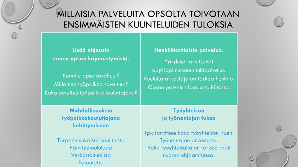 Yritykset tarvitsevat oppisopimukseen tukipalvelua Koulutustarkastaja on tärkeä henkilö. Opson palvelun laadusta kiitosta.
